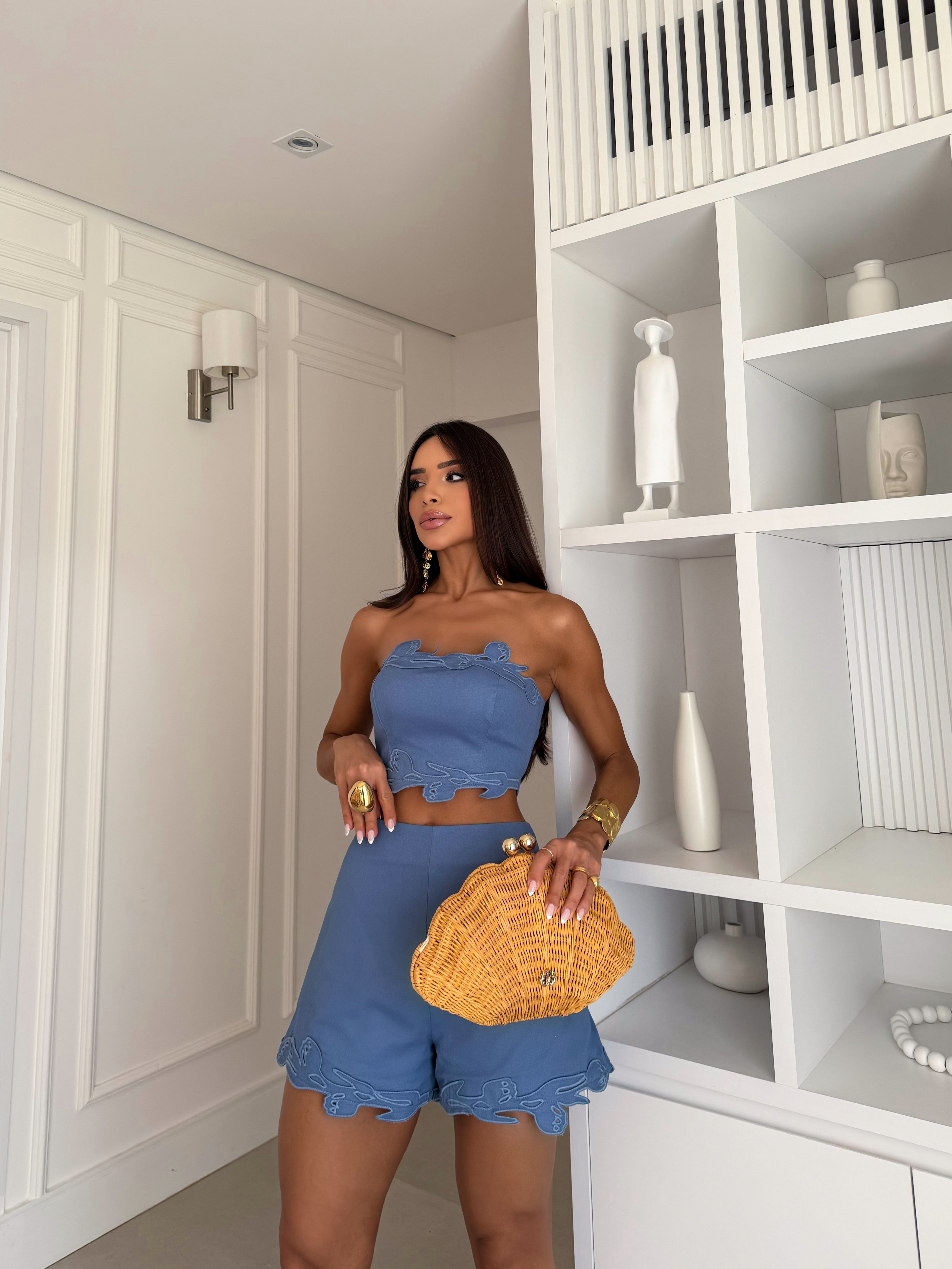 Conjunto Shorts e Top com Aplicações - Azul