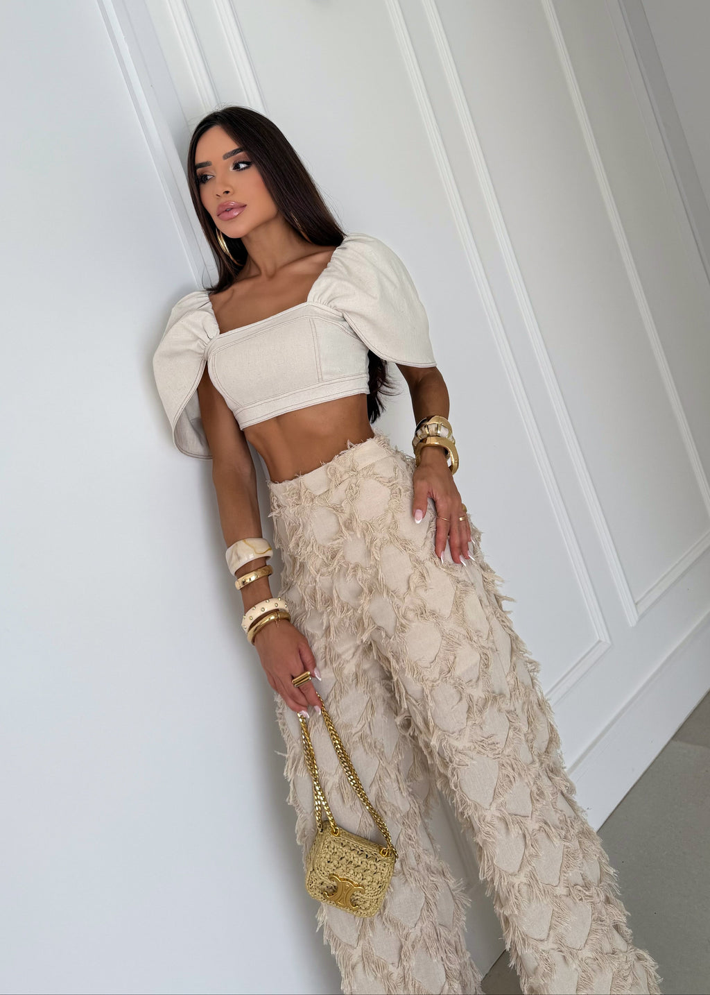 Conjunto Calça e Top Com Manga Bufante