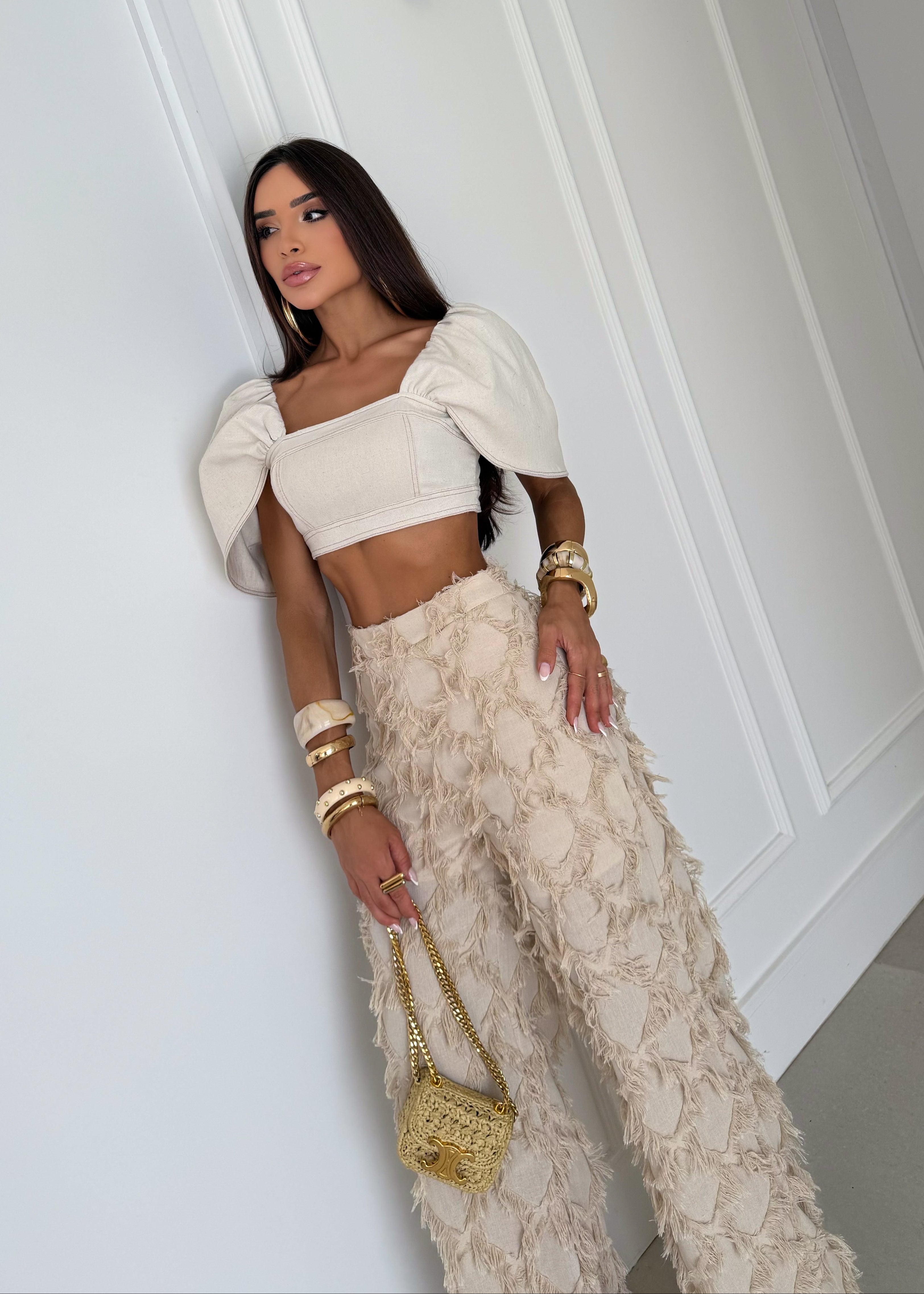 Conjunto Calça e Top Com Manga Bufante