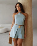 Conjunto Shorts Saia e Blusa Frente - Azul