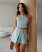 Conjunto Shorts Saia e Blusa Frente - Azul