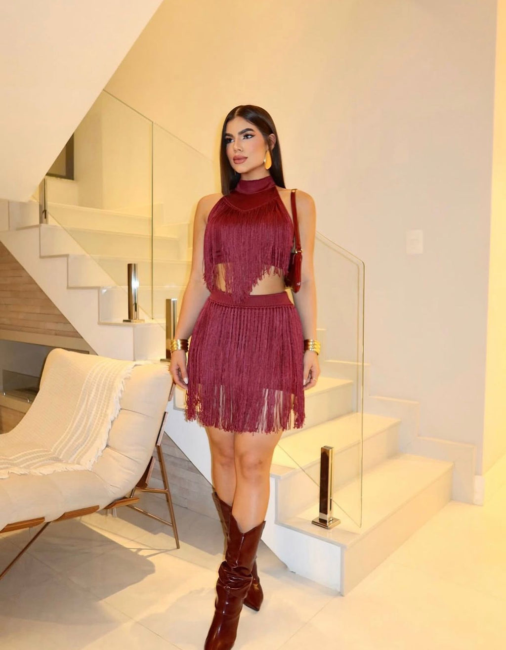 Conjunto Franja Western Crochet - Bordô