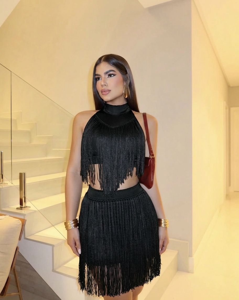 Conjunto Franja Western Crochet - Preto